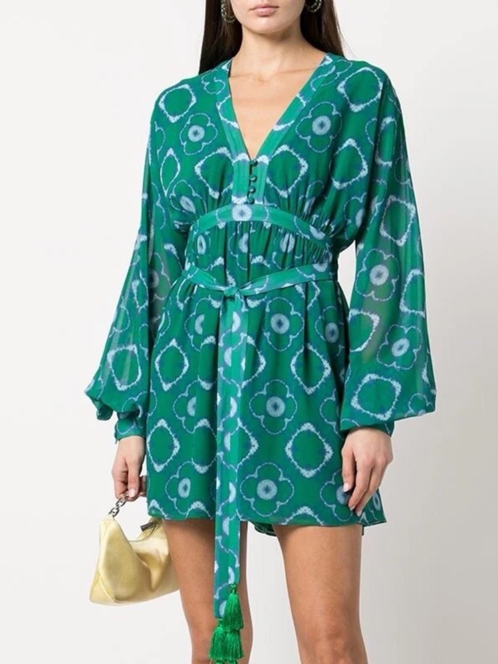 ALEXIS Green Blue Print Belted Long Sleeve V-Neck Luss A-Line Mini Dress Medium